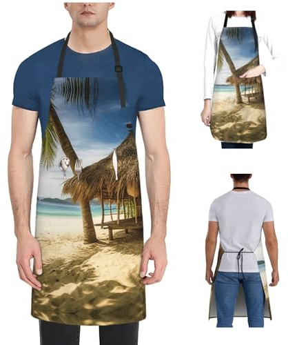 Apron Kitchen Apron for Women Men Waterproof Apron with 2 Pockets Bamboo hut on a tropical beach Apron Adjustable Bib Unisex Apron Chef Aprons Cooking Aprons for Kitchen Painting BBQ Gardening