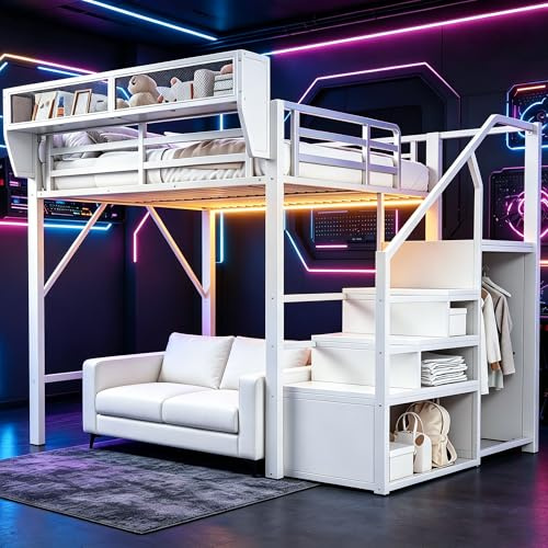 Easexcy Cama alta con cómoda para escaleras y armario, iluminación LED, barandilla de red, barandilla de protección alta, marco de metal estable, superficie de descanso (blanco, 140 x 200 cm
