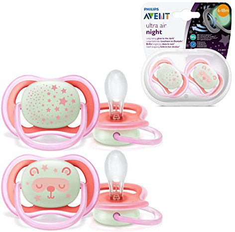 Philips AVENT Soothers, 6-18m Ultra Air Night Soother with Glow-in-the-Dark Button, Star/Bear Design, Pink (Pack of 2) - SCF376/22