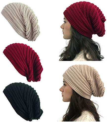 DANMY Winter Hats for Women,Warm Chunky Soft Cable Knit Womens Beanie Hats (A-red/beige/black-3pcs)