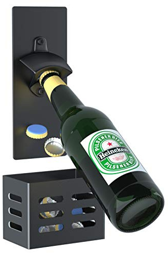 Weallbuy Abridor magnético de botellas con recogedor de tapas, abridor de botellas de cerveza extraíble montado en la pared para nevera de cocina, regalos de cerveza para hombres (negro)