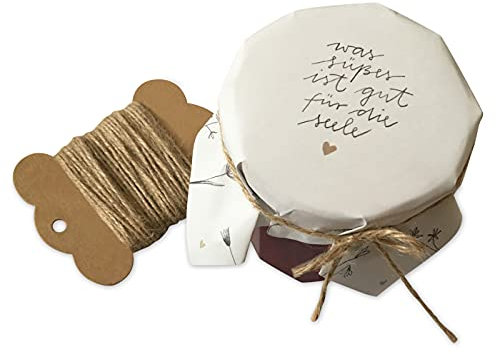 25 Marmeladendeckchen - süßes für die Seele - Gläserdeckchen Weiß mit Handlettering Blumen für Marmelade, Marmeladengläser & Einmachgläser, Recyclingpapier Abreißblock + 10 m Jute Garn + Justiergummi