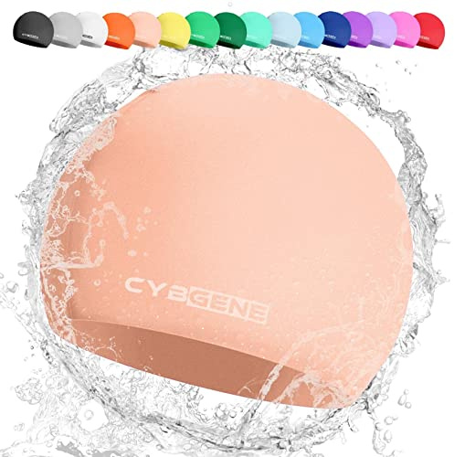 CybGene Kids Swim Caps for Boys Girls, Durable Silicone Swimming Cap for Child Youth Teen, Unisex Swim Bath Hats for Short Long Hair-Cherry Blossom Pink