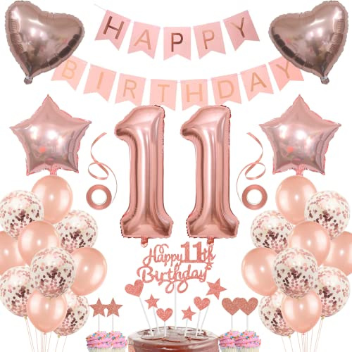 Jrzyhi Dekoration 11-årsdag flicka tårtdekoration 11 födelsedag flicka dekoration present till 11-årsdag flicka roséguld födelsedag 11 flicka 11 år gammal födelsedagsdekoration ballong 11 anniversa