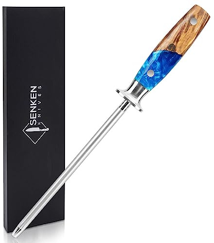 SENKEN Professional Sharpening Steel for Damascus Knives - Tsunami Collection - Incredibly Strong Emery Rod for Sharpening & Honing Knives Up to 63 HRC - Beautiful Blue Resin & Natural Wood Handle