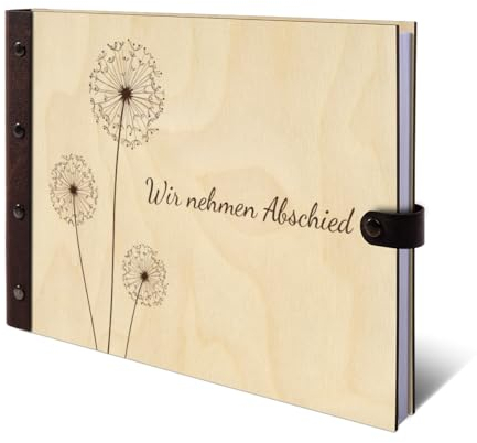 Kondolenzbuch Gästebuch echtes Holz DIN A4 Buch - Pusteblume - mit 72 Blatt / 144 Seiten Naturpapier Weiß