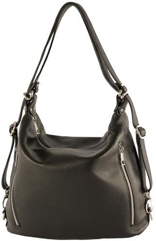 modamoda de T249 Damen Rucksack Schultertasche 2 in 1 aus Leder handmade in Italy, Farbe:Schwarz