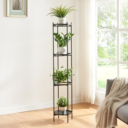 [en.casa] Blomhylla, Tuusula växtbord, växtställ med 4 hyllor, växthylla, blompelare, metall, blomtrappa, svart, 134 x 25 cm
