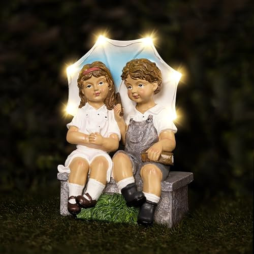 Garden Mile Solar Garden Ornament Light up Umbrella Boy and Girl Resin Weatherproof Statue Garden Decoration Boy and Girl Figurine Solar Powered Umbrella, Sculpture for Outdoor,Patio Decor