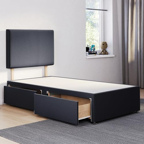 ComfoRest - Luxurious 3FT Single Divan Bed with 2 Drawers & Plain 24 Headboard | Sturdy Base with Storage for Compact Rooms (Black Plush)