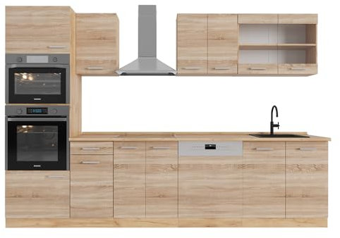 Vicco Küchenzeile R-Line, Sonoma/Goldkraft Eiche, 300 cm mit Hochschrank, ohne Arbeitsplatte
