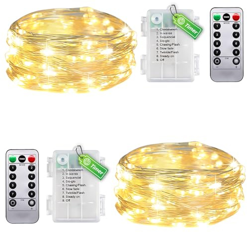 Taiyongkang - Lot de 2 guirlandes lumineuses filaires pour intérieur avec piles, minuteur et télécommande - 5 m 50 LED blanc chaud - Petite guirlande lumineuse pour chambre à coucher, Noël, mariage