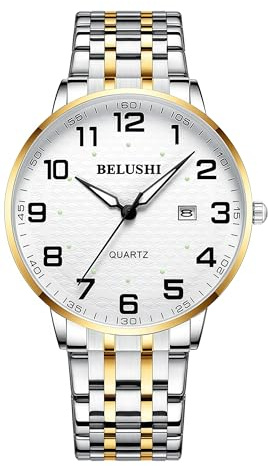 Gosasa Reloj de cuarzo fácil de leer para personas mayores, números grandes, calendario, resistencia al agua hasta 30 m, luminoso, reloj de pulsera de acero inoxidable para mujer y hombre, Luminoso de