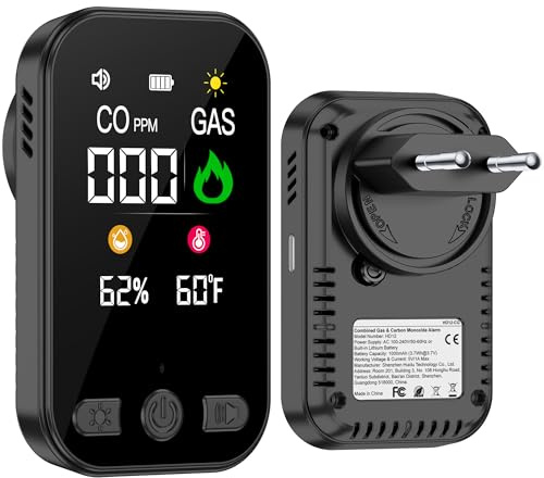 Gedsffati Detector de Gas y Monóxido de Carbono con Enchufe para Hogar, Alarma de CO para Casa, Detector de Gas Combustible para Gas Natural LPG Metano Propano Butano, Negro, HD12-CG