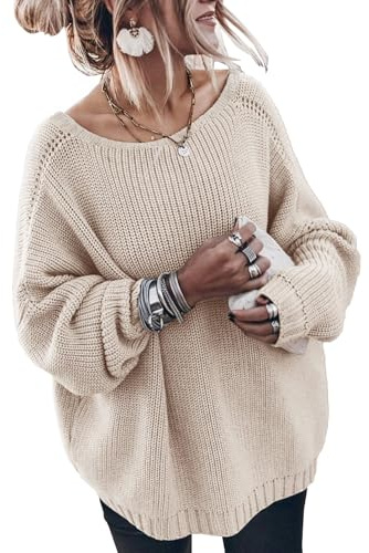 GUNEST Oversized Sweaters for Women Trendy Crew Neck Batwing Long Sleeve Casual Chunky Cotton Knit Tunic Sweater Cream L