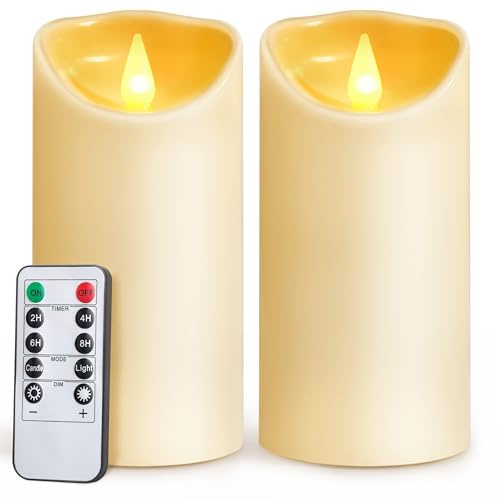 AuroraWave LED Candles Flameless Battery Operated-6x3 Set of 2 Artificial Electric Candle with Remote and Timer Plastic Pillar Electronic Flickering Light for Wedding Party Birthday Christmas Ivory