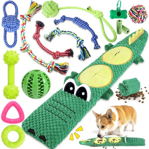 MRSOHRET 15 Pack Puppy Chew Toys for Teething, No Stuffing Squeaky Dog Toys Interactive Puzzle Toy, Dog Enrichment Toy Bundle with Tough Ropes, Treat Balls for Small Medium Large Dog to Keep Them Busy