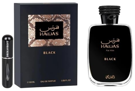 Perfume Hawas For Him Black 100ML – Eau de Parfum Árabe para Hombre de Larga Duración con Notas de Piña, Patchouli y Musgo de Roble – Incluye Atomizador Recargable Drikanbest 5ML