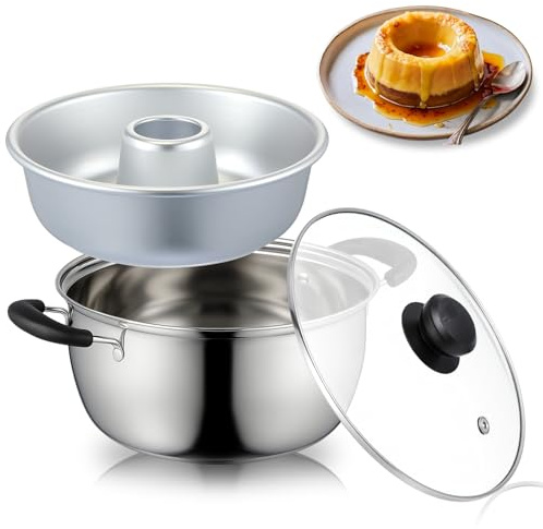 LemonRoad 2.7 Qt Thicken Stainless Steel Double Boiler with Aluminum Flan Inner Mold and Glass Lid for Making Ring Cake, Pudding, Melting Chocolate, Custards Baking Supplies
