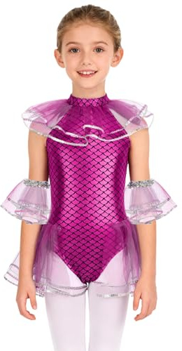 Kaerm Girls Gymnastics Leotards Fish Scale Printed Dance Bodysuit Kids Sleeveless Mermaid Dancewear Hot Pink 11-12 Years