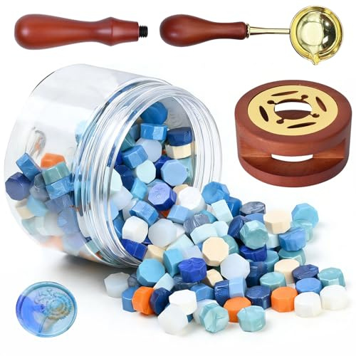 Kit Sceau de Cire, 200 Pièces 13 Couleurs Perle de Cire à Cacheter avec Réchauffeur & Cuillère à Fondre pour Invitations, Enveloppes, Emballages de Vin, Emballage Cadeau