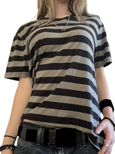 Lshyuehao Women Y2k Grunge Graphic Tees Vintage Short Sleeve Striped T-Shirt Crewneck Oversized Aesthetic Baggy Top (A-Gray, S)