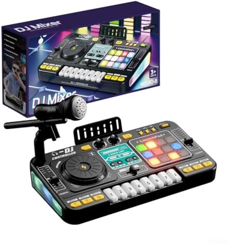 Mixeur DJ interactif pour enfants avec lumières synchronisées par rythme, microphone sans fil et connectivité, 12 pistes, 3 effets DJ, 12 touches d'effet sonore et 8 touches de clavier (noir)