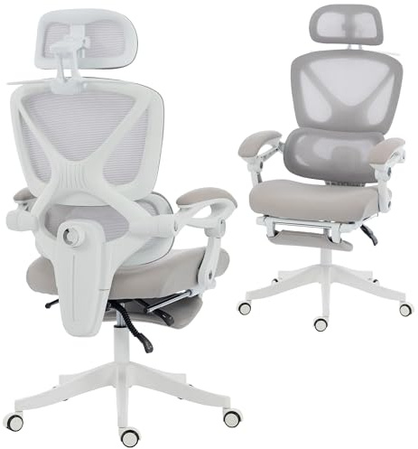 HOMCOM Silla de Escritorio de Malla Silla de Oficina Reclinable con Reposacabezas Soporte Lumbar Reposapiés y Altura Regulable Función de Basculante Carga 120 kg Gris Claro