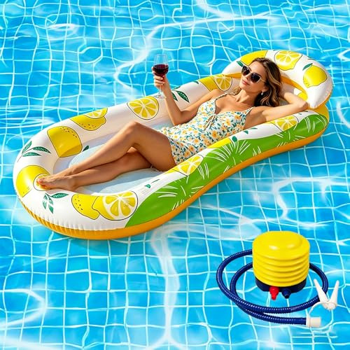 Pool Inflatables, Pool Float with Head, Arm Rest, Foot Pump, Mesh Bottom Mattress Bed, Pool Lounger for Sunbath Tanning, Summer Holiday Sea Beach Water Fun, Water Hammock (Yellow)