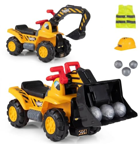 Maxmass 3 in 1 Kids Ride on Excavator, Children Bulldozer Ride on Digger | with Adjustable Buckets, Safety Helmet, 3 Toy Stones, Vest, Horn, Toddler Vehicle Construction Car Riding Toys for 2+