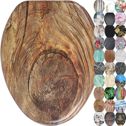 SANILO Wooden Toilet Seat with Soft Close [ELONGATED] - Decorative, Quiet & Slow Close Molded Wood Seat - With Strong Bumpers & Hinges - Adjustable Fit - Rustic