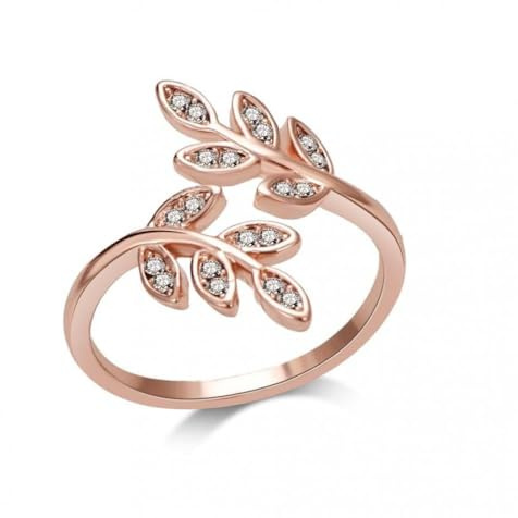 Philip Jones Rose Gold Plated Adjustable Leaf Ring Created with Zircondia® Crystals