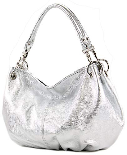 modamoda de IT40 Damen Leder/Nappaleder Schultertasche Hobo Bag handmade in Italy, Farbe:Silber-Metallic Leder