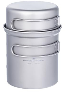 iBasingo Titan Töpf Pfanne Set Camping Kochgeschirr Leichte Outdoor Schüssel Set Koch Mess Kit mit Klappgriff Küchen Utensilien für den Außenbereich 2 Stücke/Set (750ml+300ml Ti2037C)