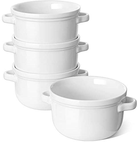 LE TAUCI Soup Bowls With Handles 28 oz, French Onion Soup Bowl for Chili, Beef Stew, Cereal, Ceramic Soup Crocks oven Safe, Microwave Dishwasher Safe - 5.5 inch, Set of 4, White