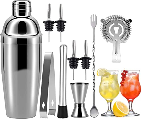 10 Pezzi Kit Barman Cocktail Shaker, Set in Acciaio Inossidabile, da 750 ML, per Bar Accessori Party