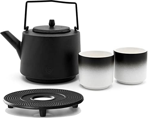 Gusseisen Teepot 1.2 Liter Teekanne Set mit Kannenuntersetzer & 2 Porzellan-Tassen (Becher) & Edelstahl Tee-Filter Sieb-Einsatz - ideal für lose Teesorten