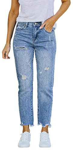 Sommerjeans Damen Leicht - Damen dehnbare hoch taillierte Boyfriend-Jeans mit geradem Bein und ausgefransten -Denim-Hosen Fahrradhose Damen Shorts