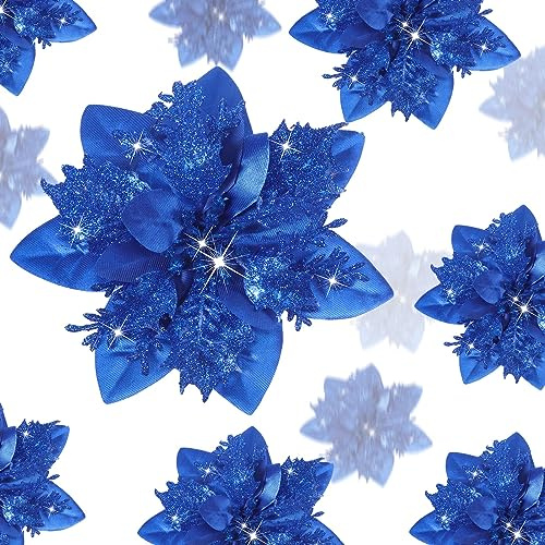 Geosar 24 Pezzi di Fiori Artificiali di Stella di Natale Glitterati Poinsettia di Natale con Clip per Addobbi di Regali e Alberi di Natale, 6 Pollici, 4 Pollici, 3 Pollici (Blu Reale)