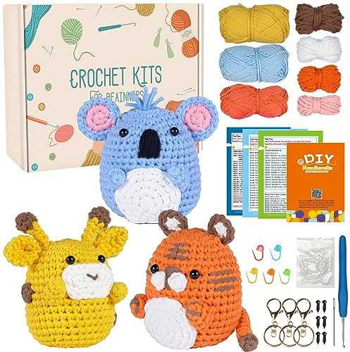 Souarts Komplett Häkelset für Anfänger Tiere, Häckeln Stricken Set mit Anleitung Häkelnadeln Garn, Kreativ Strickset Bastelset für Erwachsene Kinder Geschenk (Blau Gelb Orange)