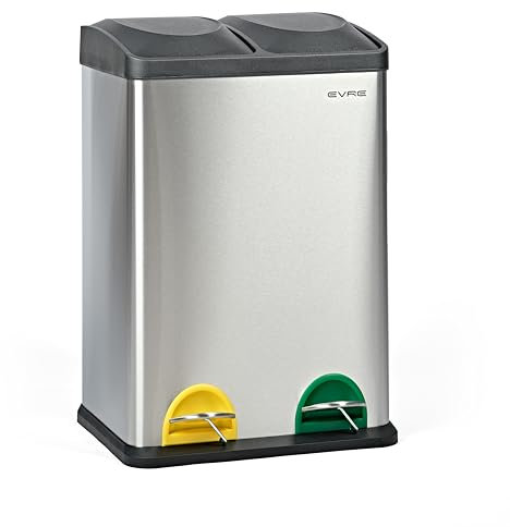 EVRE 40 L Recycling Pedal Bin 2 x 20 Litre Rectangular Double Compartment Rubbish Separation with Removable Buckets, Odour Seal & Anti Mark L 40cm x W 66cm x H 58cm (Silver)
