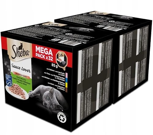 SHEBA Sauce Lover Katzennassfutter mit Ente, Huhn, Lachs und Thunfisch 64 Portionsbeutel à 85g (2-er Pack)