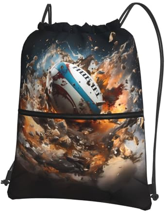 Trukd Rugby On Fire Rucksack mit Kordelzug und Reißverschluss – vielseitiges, langlebiges und stilvolles Design für den täglichen Gebrauch, Schwarz, Einheitsgröße, Tagesrucksäcke