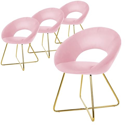 ML-Design Set de 4 Chaises de Salle à Manger, en Velours, Rose, avec Dossier en Demi-Coque Rond, Pieds en Forme de X Métalliques Dorés, Fauteuil Ergonomique de Table à Manger, Chaise Rembourrée