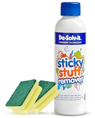 Sticky Stuff Remover, Adhesive Remover, Glue Remover, Sticker Remover + 2 x Sponges, Scouers | Sticky Stuff Remover Liquid, De Solv It - 250ml