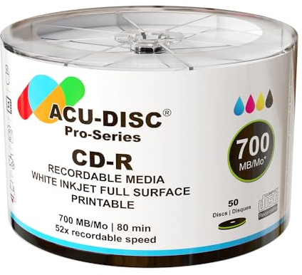 ACU-DISC Pro-Series CD-R 52x Speed 700MB 80 Minute Full Face Brilliant White Inkjet Printable Blank Discs 13679 – 50 Pack
