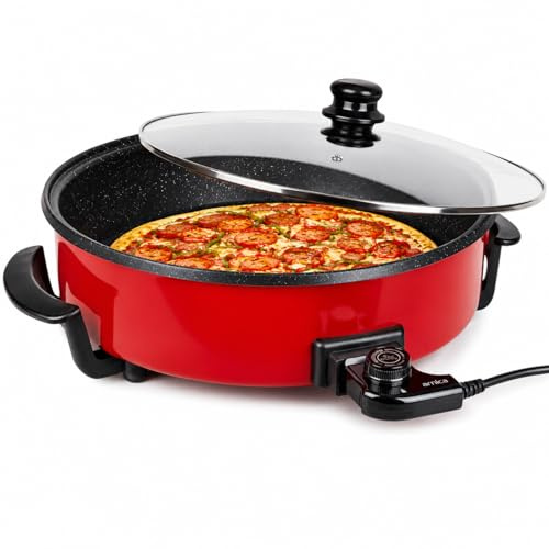 Royal Swiss® Poêle Électrique Multifonction 42 cm – 1500 W | Pizza, Paella, Grill, Crêpes | Antiadhésif | Couvercle Verre | Température Réglable | Nettoyage Facile. (Rouge, 42cm)
