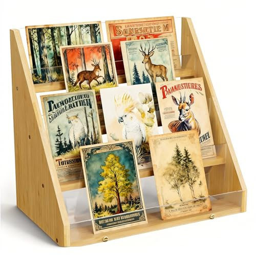 4 Niveau Presentoir Carte Postale en Bambou, Présentoir Support Carte pour Vente au Détail D'Autocollants Livre Visite Bureau Beige