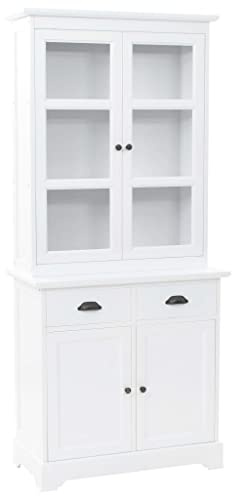 Hoopleep Armoire vitrine, en MDF et bois de pin, 80 x 40 x 180 cm, blanche, avec 4 portes, 2 tiroirs, poignées en métal, pour cuisine, salon, salle à manger, rangement polyvalent