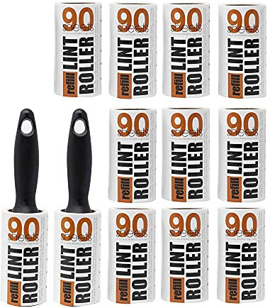 Redberry Set di 1080 fogli per rullo e ricarica, 2 manici a rullo e 12 rotoli da 90 fogli, meno di 2 pence per foglio, per rimuovere pelucchi, lanugine e peli di animali domestici da vestiti, tappeti